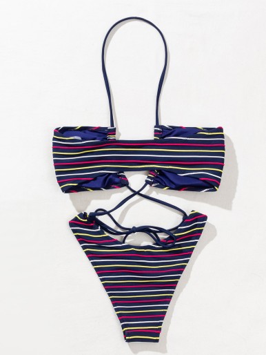 Striped Halter High Cut One Piece Swimsuit