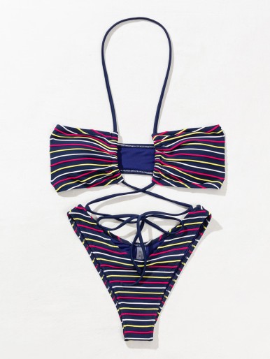 Striped Halter High Cut One Piece Swimsuit