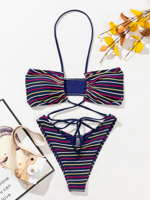 Striped Halter High Cut One Piece Swimsuit