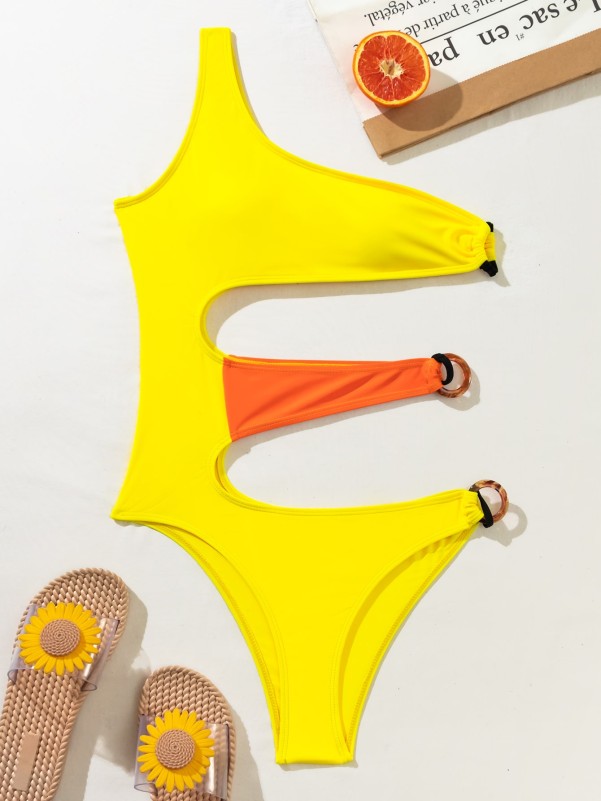Colorblock Cut-out One Shoulder One Piece Swimsuit