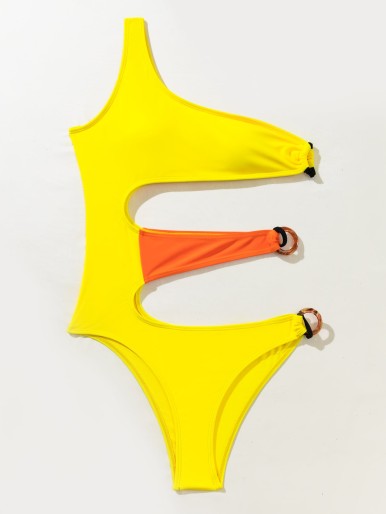 قطع Colorblock قطعة واحدة ملابس السباحة الكتف واحد