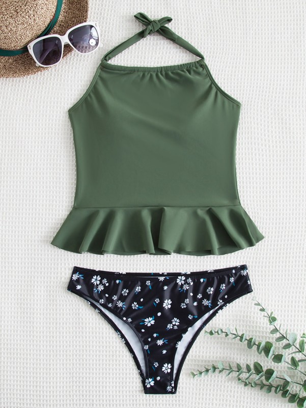 Floral Print Ruffle Hem Halter Bikini Swimsuit