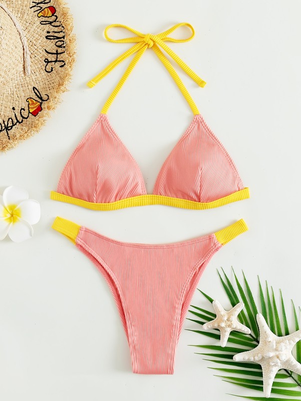 Rib Halter Triangle Bikini Swimsuit