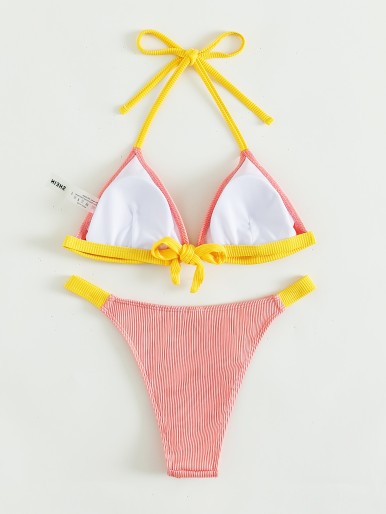 Rib Halter Triangle Bikini Swimsuit