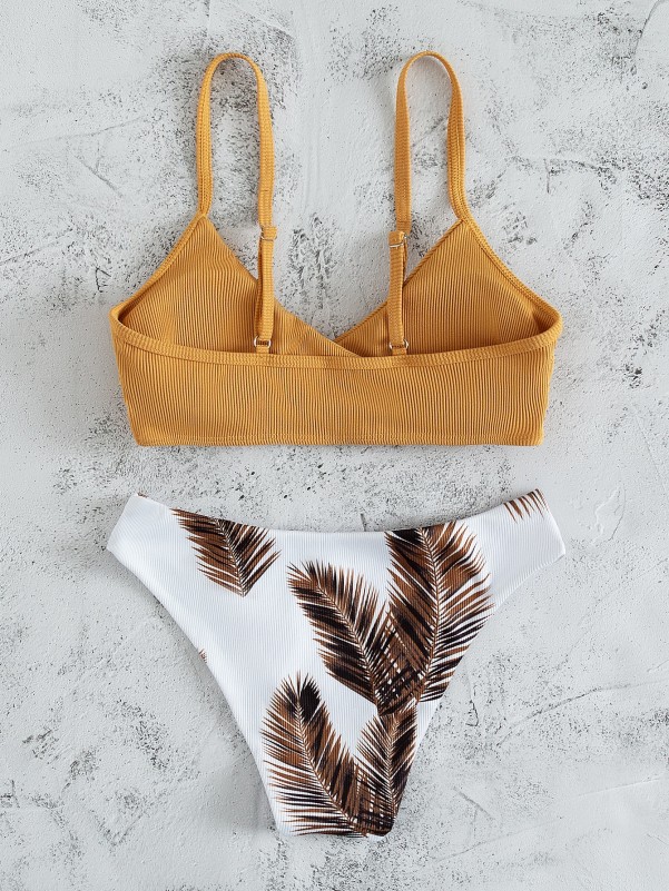 Palm Leaf Print Surplice Neck Bikini Swimsuit