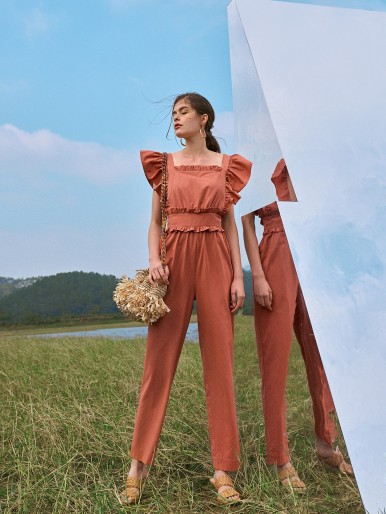 Butterfly Sleeve Ruffle Trim Jumpsuit