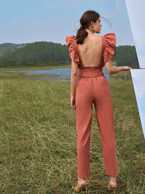 Butterfly Sleeve Ruffle Trim Jumpsuit