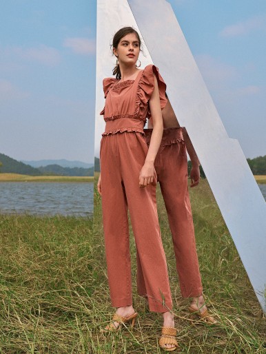 Butterfly Sleeve Ruffle Trim Jumpsuit