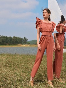 Butterfly Sleeve Ruffle Trim Jumpsuit