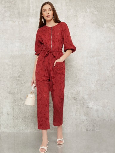 Zipper Patch Pocket Schiffy Embroidered Jumpsuit