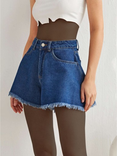 High Waist Raw Hem Wide Leg Denim Shorts