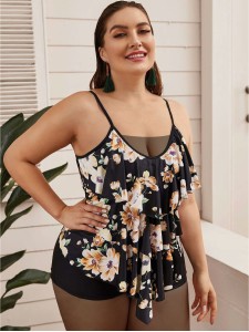 Plus Floral Random Print Tiered Layer Top With Shorts Tankini