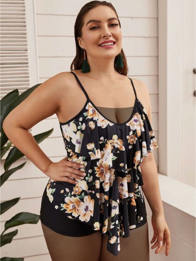 Plus Floral Random Print Tiered Layer Top With Shorts Tankini