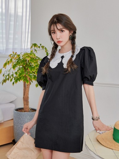 DAZY Contrast Doll Collar Puff Sleeve Dress