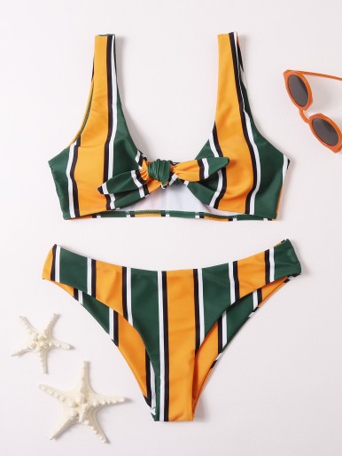 Striped Knot Front Bikini Swimsuit