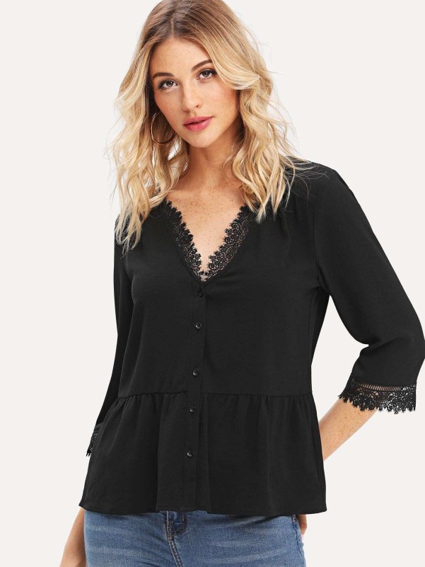 Lace Trim Button Up Ruffle Blouse