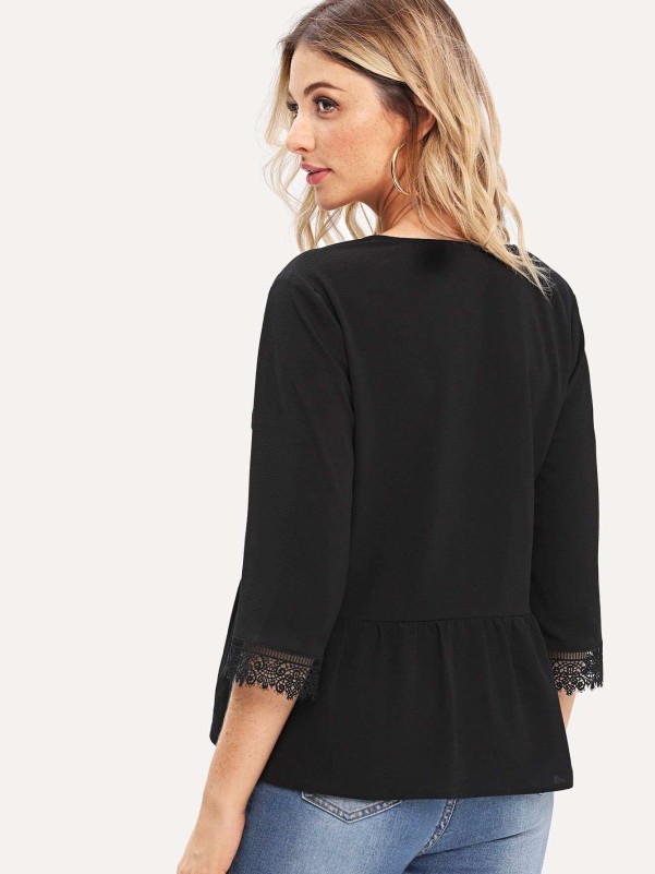 Lace Trim Button Up Ruffle Blouse