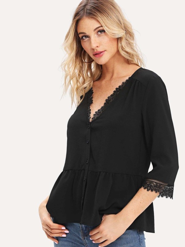 Lace Trim Button Up Ruffle Blouse