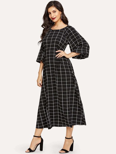 Lantern Sleeve Fit and Flare Grid Dress