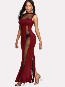 Mesh Contrast High Split Front Dress