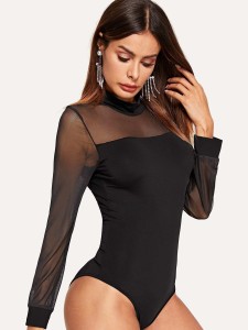 Mock Neck Mesh Shoulder Bodysuit