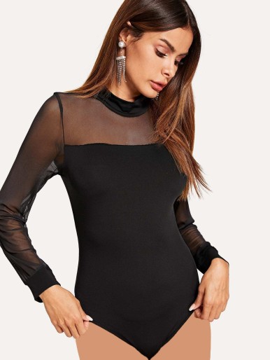 Mock Neck Mesh Shoulder Bodysuit