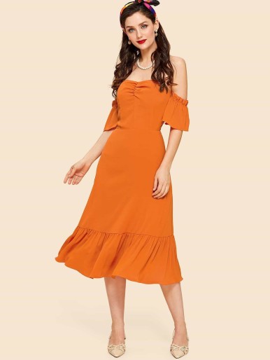 Neon Orange Ruched Front Flounce Hem Bardot Dress