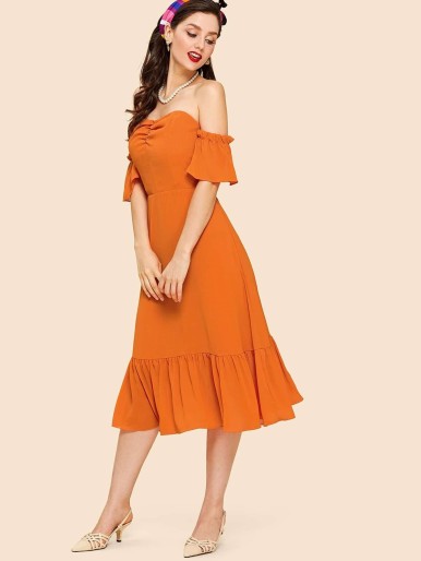 Neon Orange Ruched Front Flounce Hem Bardot Dress