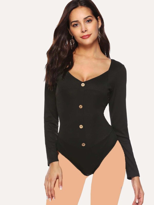 Ribbed Button Front Bodysuit