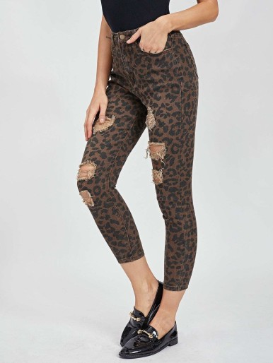 Ripped Detail Leopard Jeans