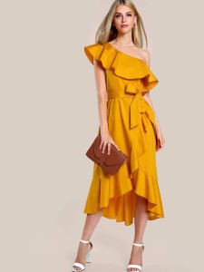 Ruffle Hem Single Shoulder Overlap Dress