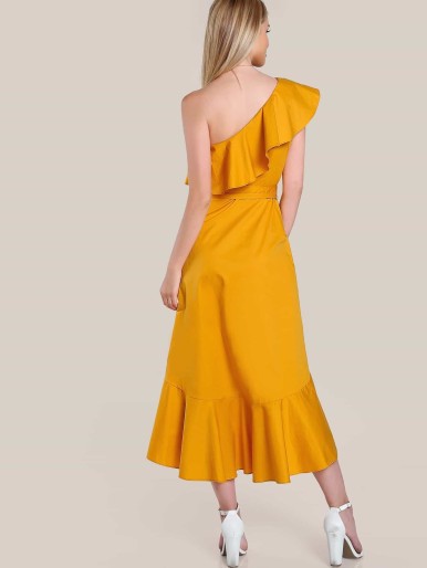 Ruffle Hem Single Shoulder Overlap Dress