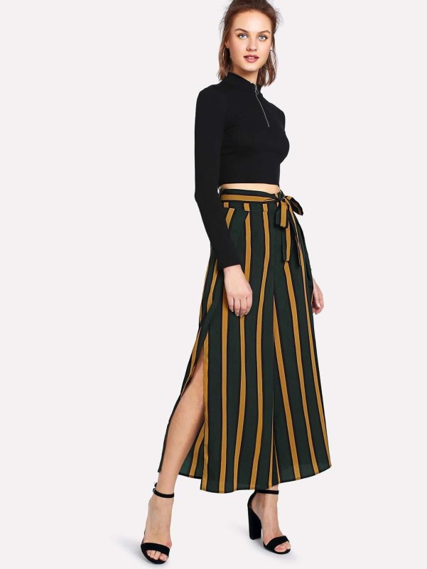 Self Belt Split Side Striped Wide Leg Pants