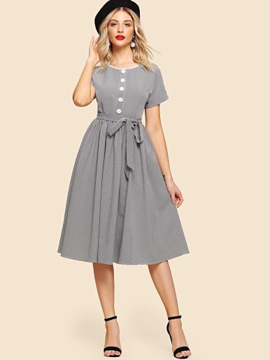 Self Belted Button Up Flare Dress