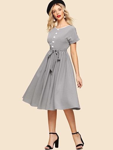Self Belted Button Up Flare Dress