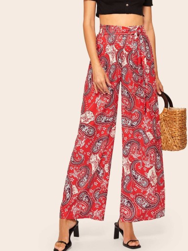 Paisley Belted Wide Leg Pants
