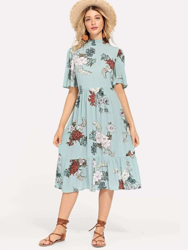 Shirred Mock Neck Keyhole Back Floral Dress