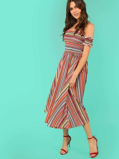 Shirred Panel Lettuce Trim Striped Bardot Dress