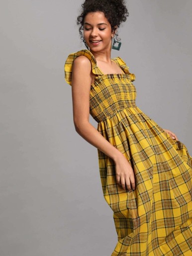 Shirred Panel Plaid Dress with Ruffle Strap