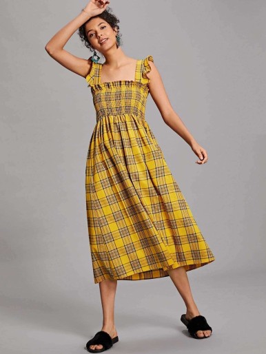 Shirred Panel Plaid Dress with Ruffle Strap