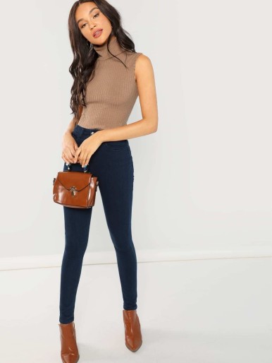 Solid High Neck Ribbed Knit Bodysuit