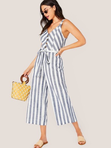 Button Half Placket Self Belted Striped Jumpsuit