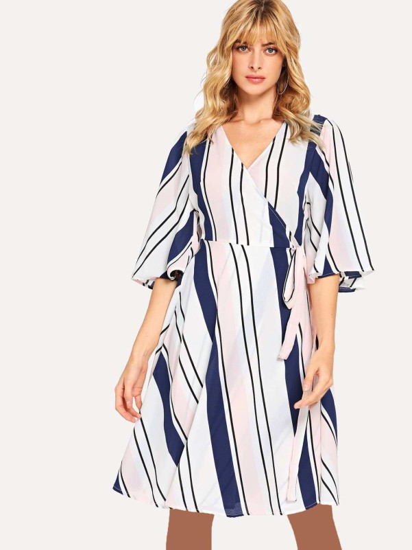 Striped Wrap Dress with Belt