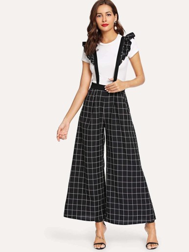 Super Wide Leg Grid Pants with Ruffle Strap