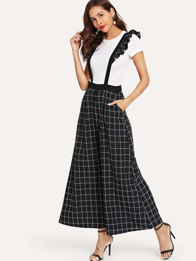Super Wide Leg Grid Pants with Ruffle Strap