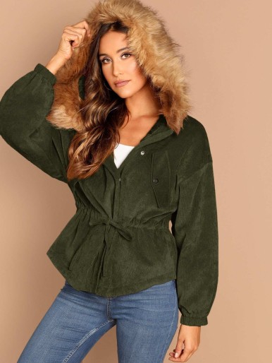 High Low Corduroy Parka Coat With Faux Fur Hoodie