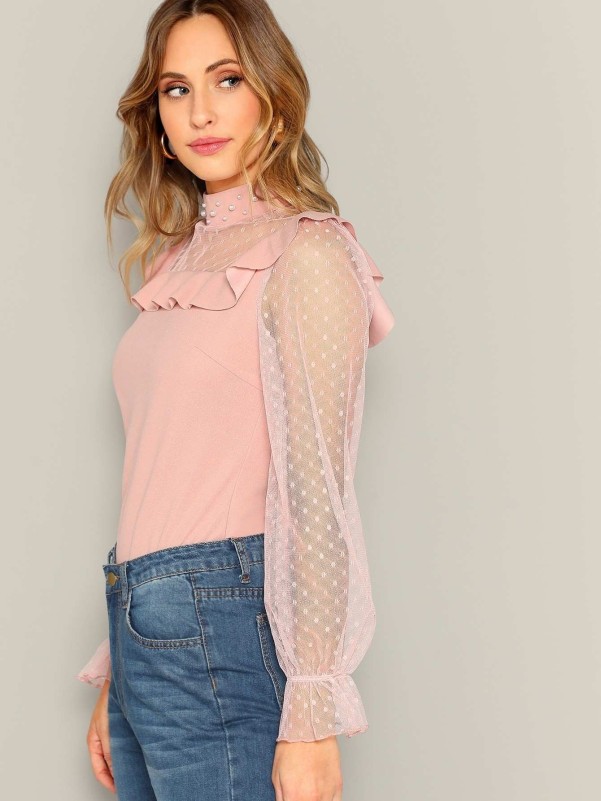 Swiss Dot Mesh Pearl Ruffle Yoke Top