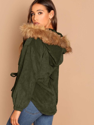 High Low Corduroy Parka Coat With Faux Fur Hoodie