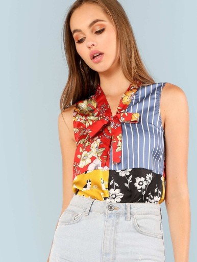 Tie Neck Cut and Sew Mixed Print Top