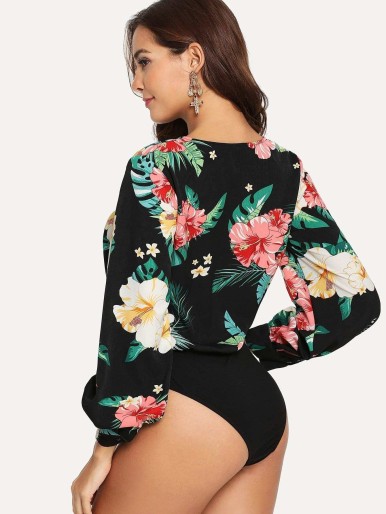 Tropical Print Wrap Blouse Bodysuit